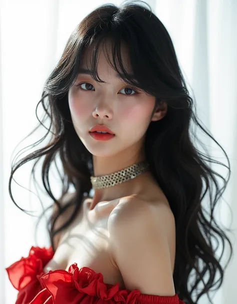 real photograph, (masterpiece), (highest quality), (Super detailed), (messy hair), (shape), (one japanese girl), (fashionable off shoulder dress), Are standing, Fashion Model, (interview), (simple white background), fine and beautiful eyes, delicate beauti...