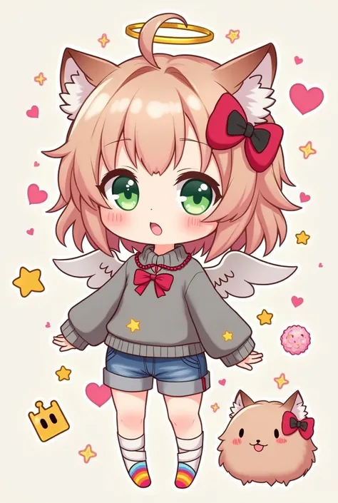 Gacha Chibi full body, , . gray sweater, short jeans shorts, rainbow socks, pink dyes, bandages on the legs, angel wings, a small fluffy brown tail, green eyes, a very large red heart hairpin. Golden star hairpin, cute. small black crown, with a huge pink ...