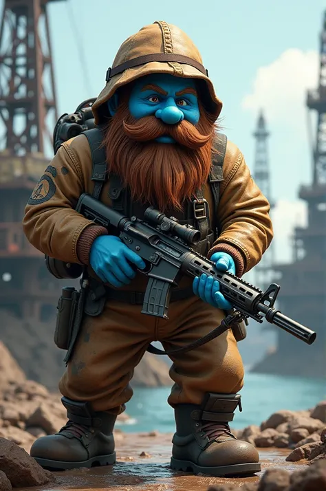 a smurf with a rifle but the skin is brown instead of blue with a beard on an oil rig