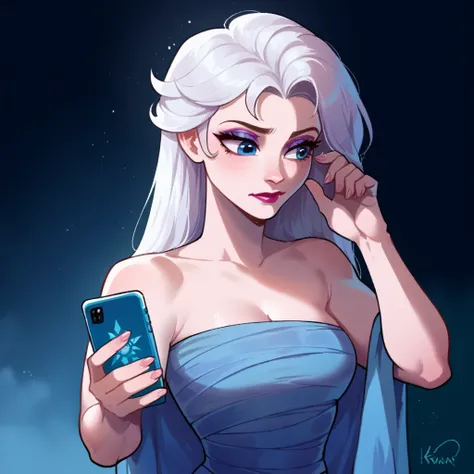 score_9_presence, score_8_up, elsa, wrapped in towel, medium breasts, holding phone