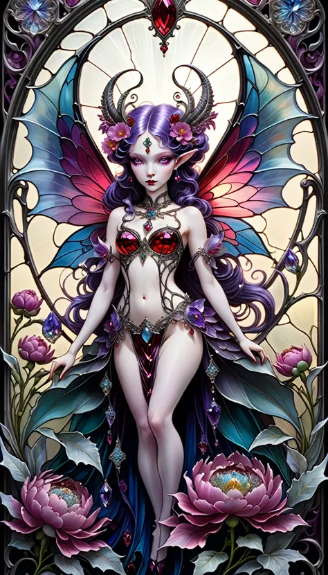 triadic colors, cinematic, official art, close fairytale transparent glass succubus ruby peony flowers, ice hoarfrost, baroque, Craola, highly detailed stained glass wings, amethyst crystals, labradorite iridescent crystals, Andy Kehoe, John Blanche, compl...