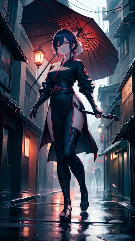 beautiful detailed ninja girl walking down an empty street at night, rain, street lit by lanterns, soft lighting, detailed, oriental umbrella, photorealistic, 8k, high quality, masterpiece, cinematic lighting, dramatic atmosphere, dynamic pose, hyper detai...