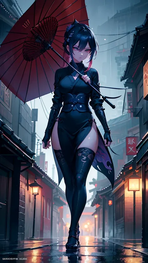 beautiful detailed ninja girl walking down an empty street at night, rain, street lit by lanterns, soft lighting, detailed, oriental umbrella, photorealistic, 8k, high quality, masterpiece, cinematic lighting, dramatic atmosphere, dynamic pose, hyper detai...