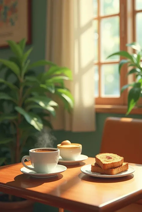 background、Calm café、Retro、Lo-fi atmosphere、indirect lighting、Foliage plant、unmanned、coffee、toast、perfection、Pudding