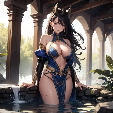 score_9, score_8_up, score_7_up,score_6_up, score_5_up, score_4_up, masterpiece, best quality, highly detailed, night, hot springs, 1girl, Tundra_DG, lips, makeup, long hair, black hair, curvy, narrow waist, large breasts, o-ring top, armlet, loincloth, st...