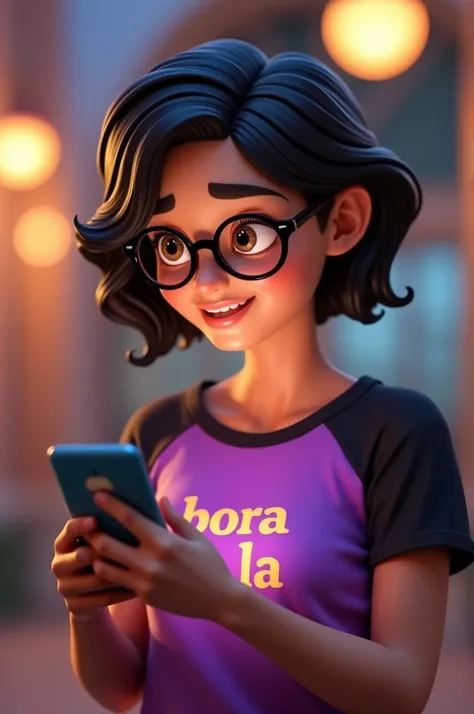 3D animated woman with short black Pixar-style hair wearing glasses, a purple and black shirt with a phrase in Portuguese saying &#39;bora la&#39; written on it, smiling and showing the cell phone screen.