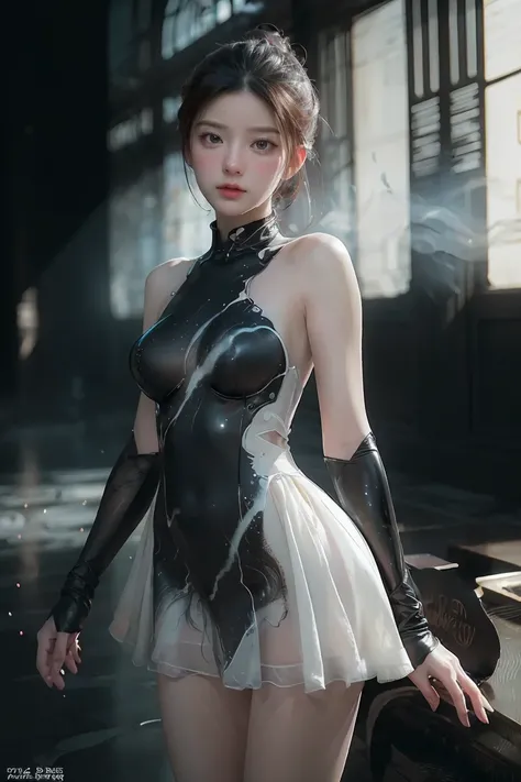 ((masterpiece, best quality)), ultra detailed 8k, photorealistic, sharp focus, highly detailed, professional lighting , shadowmancer, photo of a woman, ink particle, ((swirling black ink floating around)), futuristic fantasy, futuristic white dress, dynami...