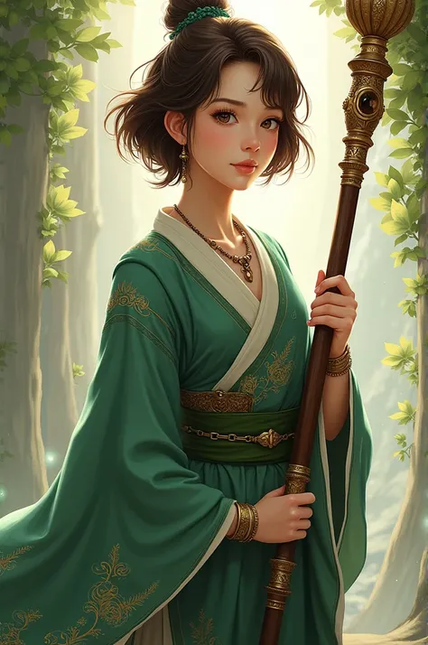 A 17 year old girl, 157 cm tall, weighs 53 kg, has white skin, brown eyes, short brown hair, traditional weapon staff themed like celestial stars, traditional green clothing, bronze jewelry