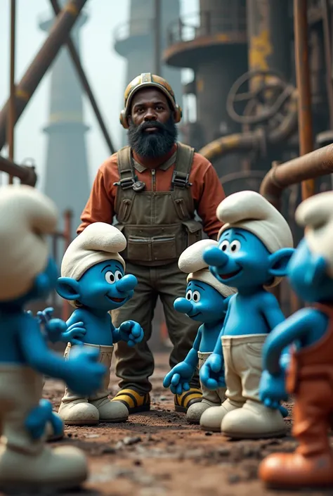 A group of smurfs in the video game rust on an oil rig together with an african american man with a beard 