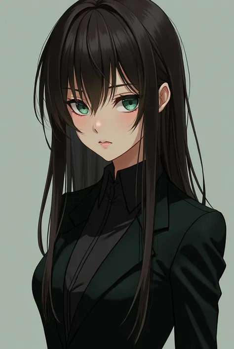 With style from the anime Demon Slayer, Make a young woman of small build with long straight hair, that this is dark brown, with green eyes with dark blue, with a black suit