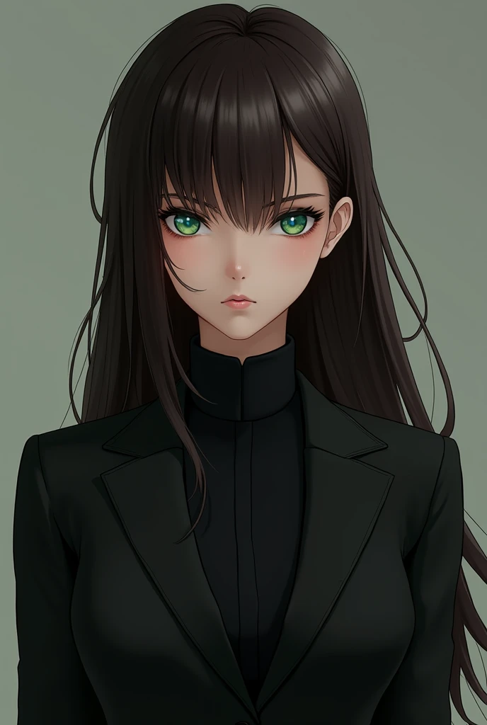 With style from the anime Demon Slayer, Make a young woman of small build with long straight hair, that this is dark brown, with green eyes with dark blue, with a black suit