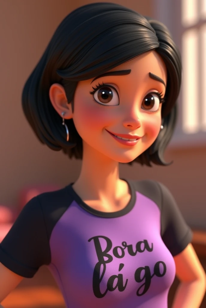 3D animated woman with short black hair in the Pixar style, wearing a purple and black shirt with the words Bora lá go in Portuguese, smiling