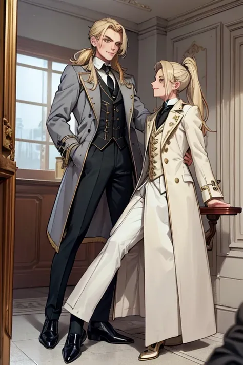 male, blonde long hair in ponytail, gold eyes, (((1boy))), (((grey Victorian coat))), (white dress shirt), (green pants), (black dress shoes), (red tie), handsome, long legs, smiling