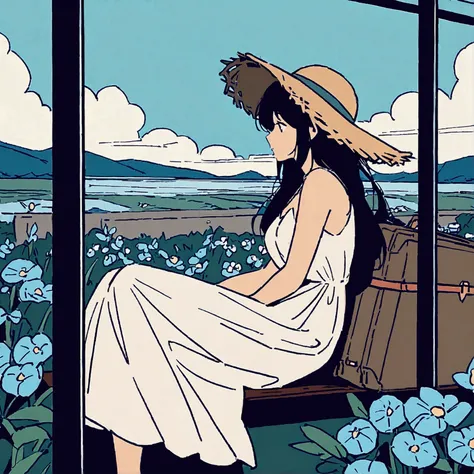 A woman in a white dress, flat color, simple trunk case, travel, light blue flowers, sitting on a train seat, beautiful scenery, a straw hat swaying in the wind