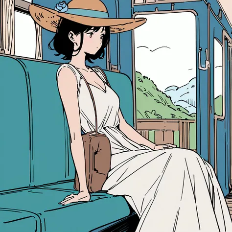 A woman in a white dress, flat color, simple trunk case, travel, light blue flowers, sitting on a train seat, beautiful scenery, a straw hat swaying in the wind