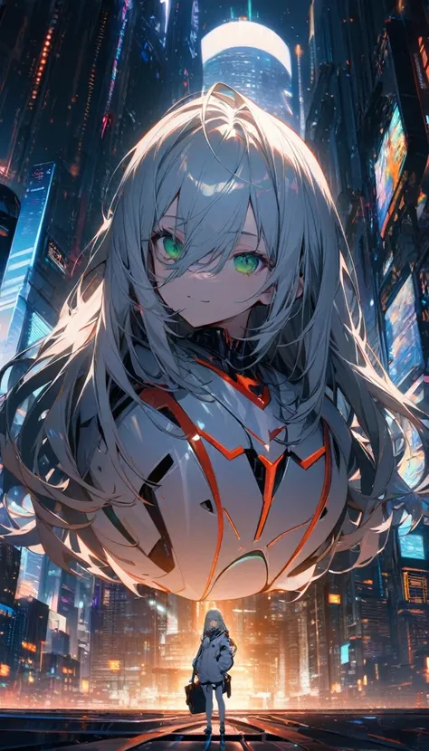 1girl,solo,Sala,original,straight blond hair,(long hair:0.3,medium hair:1),green eyes, white body suit,neck,full body,Futuristic city Background,relief face,night time,Science fiction,ultra-detailed,sharp focus,(best quality)