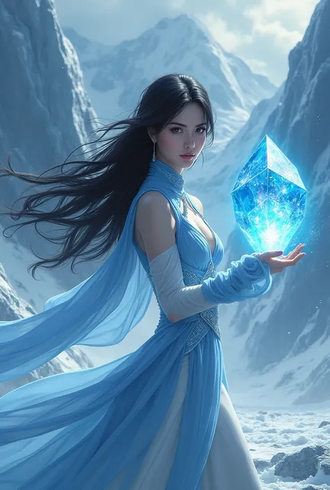 Beautiful woman with black hair, she has an glacier colored battle dress, she is in a background of glaciers and she has a diamond shaped rainbow-colored magical ice in her hands