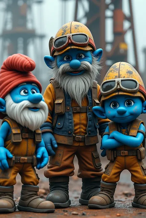 A group of smurfs dressed like characters in the video game rust on an oil rig together with an african american man with a beard and an old smurf and papa smurf