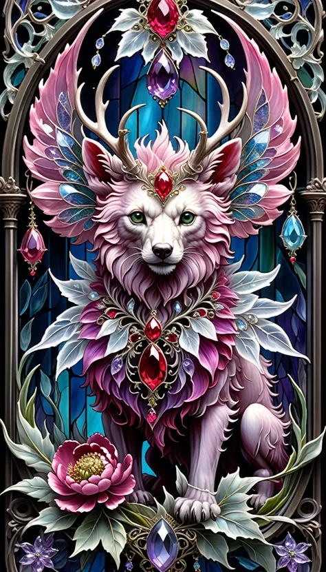 triadic colors, cinematic, official art, close fairytale transparent glass wendigo ruby peony flowers, ice hoarfrost, baroque, Craola, highly detailed stained glass wings, amethyst crystals, labradorite iridescent crystals, Andy Kehoe, John Blanche, comple...