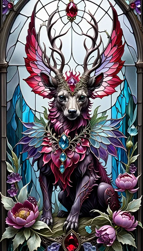 triadic colors, cinematic, official art, close fairytale transparent glass wendigo ruby peony flowers, ice hoarfrost, baroque, Craola, highly detailed stained glass wings, amethyst crystals, labradorite iridescent crystals, Andy Kehoe, John Blanche, comple...