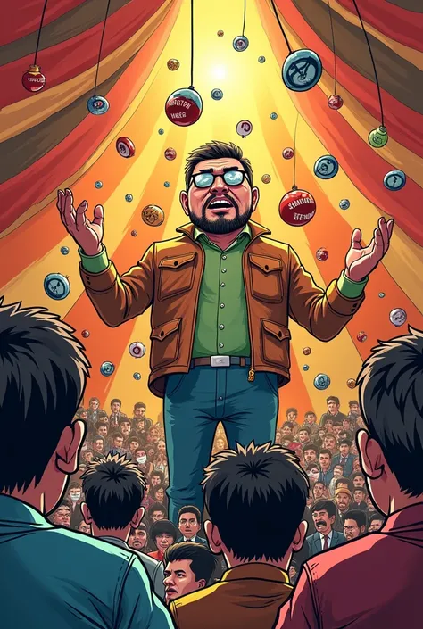 Imagine a cartoon where the Philippine media is depicted as a large, overburdened juggler in a circus tent. The juggler is balancing various objects labeled "Truth," "Freedom," "Sensationalism," "Propaganda," and "Public Interest." Some objects are falling...