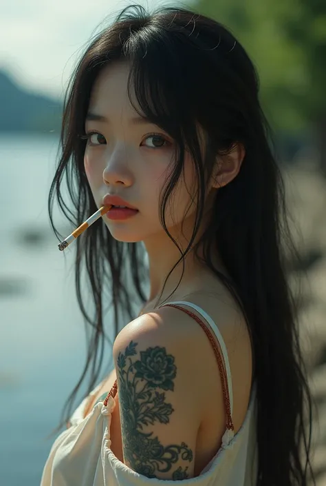 A japanese girl with long hair tattoo on back wearing a sleeveless shirt having a smoke, taking a realistic photo