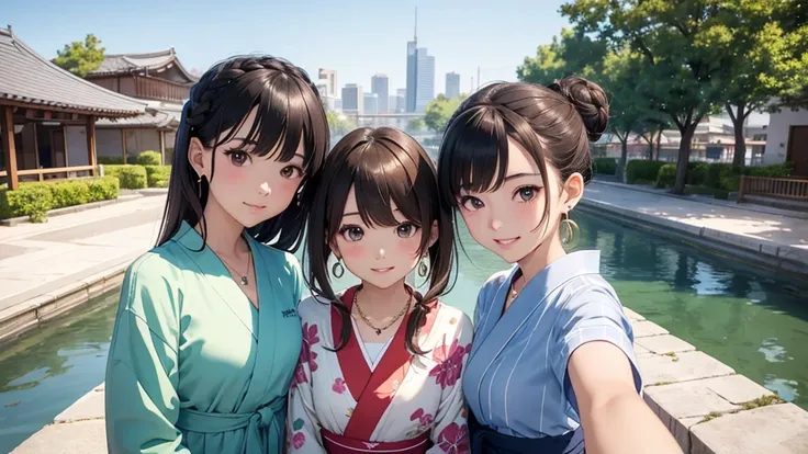 Nara cityscape、Women in their teens to 40s、(stylish, Dress relaxed)Adult woman in yukata、/(Dark Brown Hair/)bangs、cheek(direction)、(masterpiece 1.2)Delicate illustrations with attention to detail、break (Ancient Capital:1.2) (The background is fresh green)、...