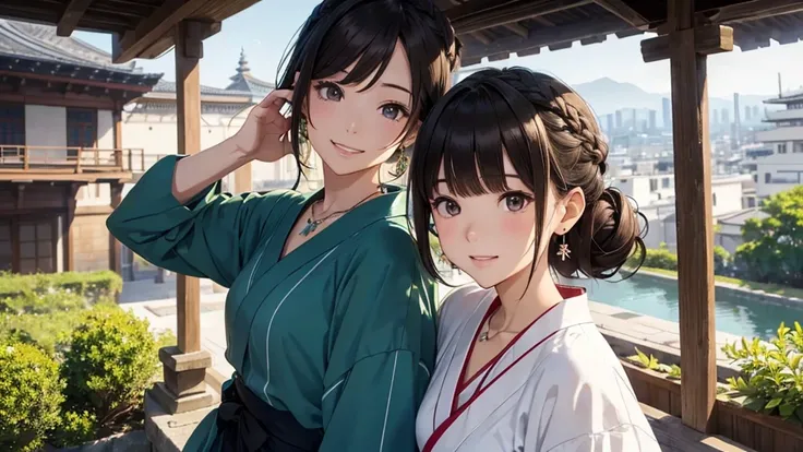 Nara cityscape、Women in their teens to 40s、(stylish, Dress relaxed)Adult woman in yukata、/(Dark Brown Hair/)bangs、cheek(direction)、(masterpiece 1.2)Delicate illustrations with attention to detail、break (Ancient Capital:1.2) (The background is fresh green)、...