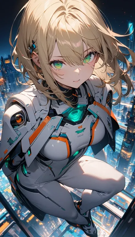 1girl,original,solo,blond hair,medium hair,green eyes, white body suit,neck,full body,Futuristic city Background,relief face,night time,Science fiction,ultra-detailed,sharp focus,(best quality)