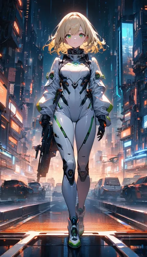 1girl,original,solo,blond hair,medium hair,green eyes, white body suit,neck,full body,Futuristic city Background,relief face,night time,Science fiction,ultra-detailed,sharp focus,(best quality)