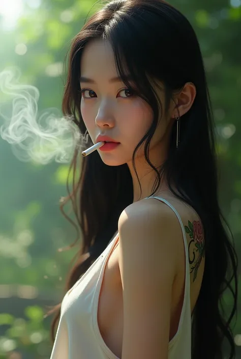 A beautiful japanese girl with long hair tattoo on back wearing a sleeveless shirt having a smoke, taking a realistic photo