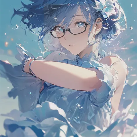 One person, Blue Hair, Glasses, High resolution, Short Hair, Close-up, Off-screen, Hair Flower, Sparkle Effect, Close your eyes and laugh