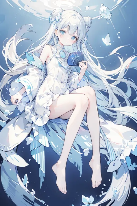 elegant，Holding a folding fan，fullbody，(Soft colors), (muted colors), (high quality render), light blue moon jellyfish personified, dainty, pearls, white color theme, ((illustration))