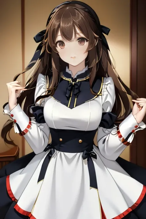 ：best quality, 1girl, solo, (atori:1.2), __posture__, long hair, very long hair, brown hair, ribbon, black ribbon, hair ribbon, bangs, ahoge, two side up, hair between eyes, red eyes, sailor dress, sleeves past wrists, long sleeves, dress, sailor collar, w...