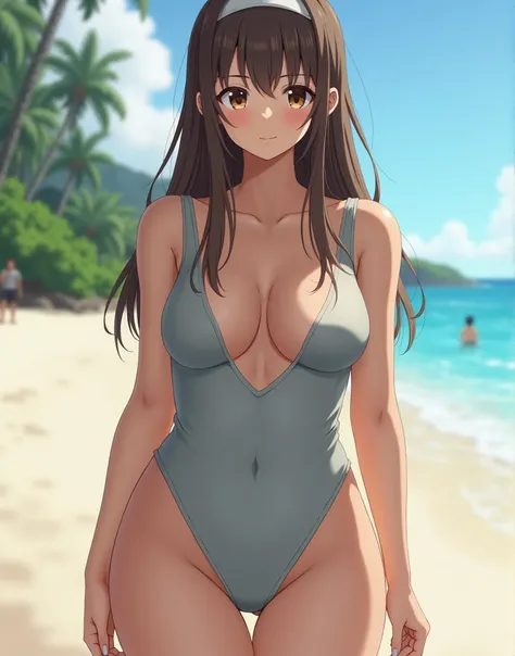 (1 girl, alone), masterpiece、((Super Beauty))、Pure beauty、Voluptuous body、((Chubby:1.2))、Small breasts、Gray one-piece swimsuit, Competitive swimming suits、Low leg swimsuit、Japanese School Swimsuit、head band、Long Hair、Exposing the forehead、timid look、Hawaii...