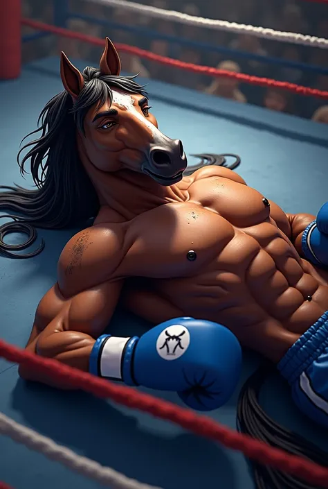 Detailed picture of a confident male anthro, (horse, chocolate brown, black mane) streached at full length on hes back on a boxing ring, trending on Art Station, Ross Tran, ruan jia, foxovh, ((exhausted expression, covered in sweat, eyes closing, wearing b...