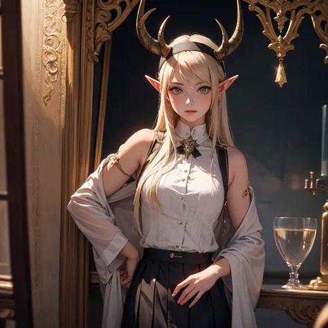 CG, Unity, 8k, wallpaper, Highest quality, masterpiece, Lovely lady, 18-year-old, (Realistic), Best lighting, Complex pupil, Intricate weaving, Detailed Background,Elf Girl、Two horns on the head,A composition that shows the whole body,One Woman,Full Body、S...