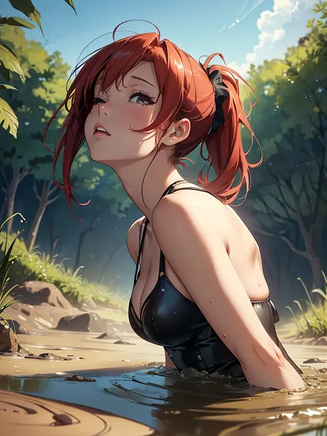 1girl, solo, masterpiece, best quality, high res, highly detailed, (illustration), beautiful detailed eyes, yuigahama yui, red hair ponytail, glossy lips, light makeup, orgasm, (looking up to the sky:1.5), intimate moment, sleeveless top, cleavage, (quicks...