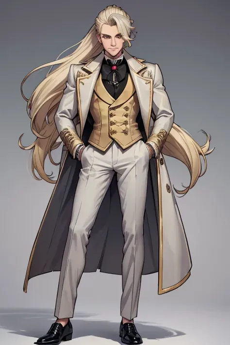 male, blonde long hair in ponytail, gold eyes, (((1boy))), (((grey Victorian coat))), (white dress shirt), (green pants), (black dress shoes), (red tie), handsome, long legs, smiling, single person