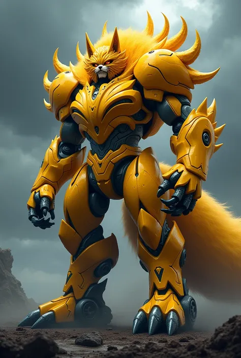 Make a dark yellow fox power ranger zord with 45 tails and four clawed legs 