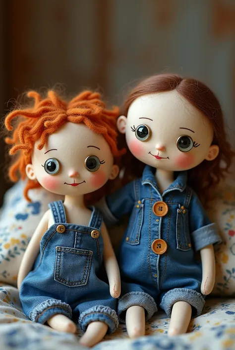 Create image of dolls made with denim scraps 