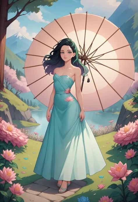 1 big breasted girl，Standing under a giant umbrella-shaped pink lotus，Full body close-up，Black hair，Floating hair，Hazy Beauty，Extremely beautiful facial features，Light green tulle flowing dress，Smooth hair，Surrounded by flowers，Soft light on the face，Perfe...