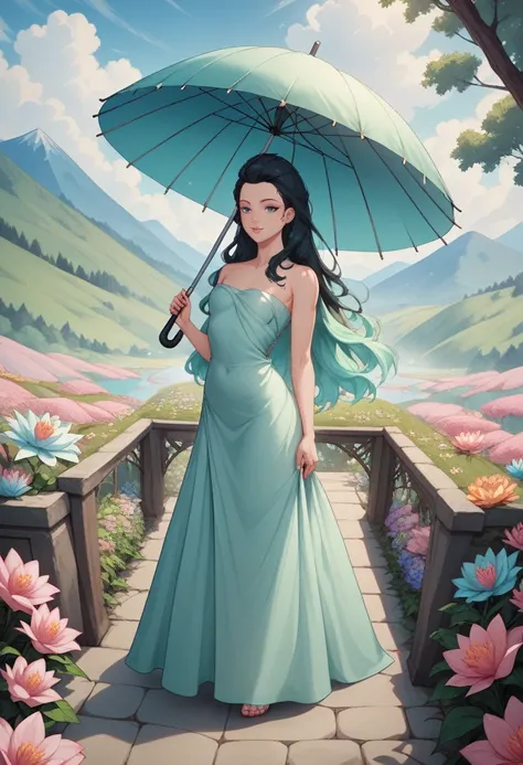 1 big breasted girl，Standing under a giant umbrella-shaped pink lotus，Full body close-up，Black hair，Floating hair，Hazy Beauty，Extremely beautiful facial features，Light green tulle flowing dress，Smooth hair，Surrounded by flowers，Soft light on the face，Perfe...