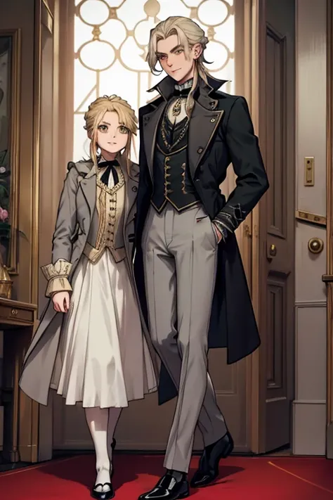 male, blonde long hair in ponytail, gold eyes, (((1boy))), (((grey Victorian coat))), (white dress shirt), (green pants), (black dress shoes), (red tie), handsome, long legs, smiling, single person