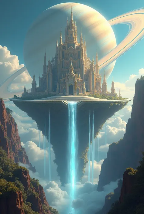 so big palace on skycloud and at theback saturn and water came out through palace to air and Rambow 