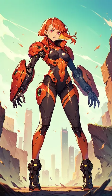 One  anime cybergirl, orange hair, red eyes, cybernetic body, detailed body, full body, cyberpunk world, anime style
