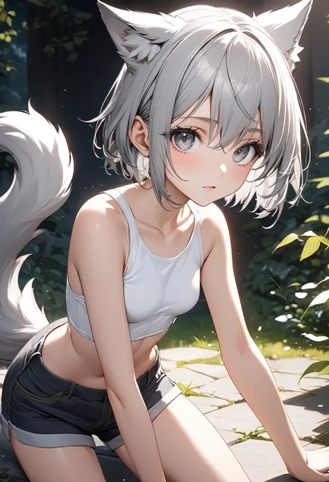 short hair, (Gray eyes:1.5),  animal ears, tail, Silver hair, shorts,  Wolf ears, Wolf Tail,  (small breast:1.2), BREAK looking at viewer, BREAK outside, BREAK (masterpiece:1.2), best quality, high resolution, unity 8k wallpaper, (illustration:0.8), (beaut...