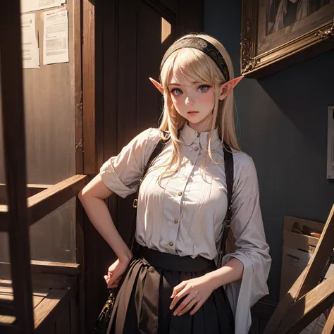 CG, Unity, 8k, wallpaper, Highest quality, masterpiece, Lovely lady, 18-year-old, (Realistic), Best lighting, Complex pupil, Intricate weaving, Detailed Background,Elf Girl、A composition that shows the whole body,One Woman,Full Body、Skirt and headband
