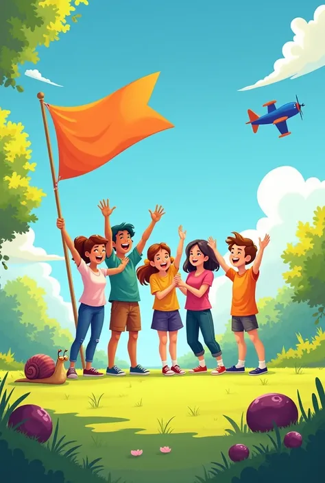 A Fun Day
One sunny day, a blue plane flew in the sky with a big flag that went flap, flap.
On the ground, a slug saw a black flag and some plum juice. It was a good day to play.
Friends were clapping and having fun. They had to be careful not to slip on t...