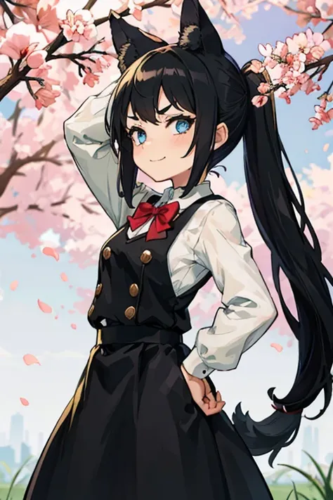 Young girl with black hair, long twintail, twintail hairstyle, (blue eyes), ((small bushy eyebrows)), (wolf ears up), wearing gothic lolita, lolicon clothes, going to school, dull eyes, dull face, going to school, flirtatious smile, small and perky breasts...